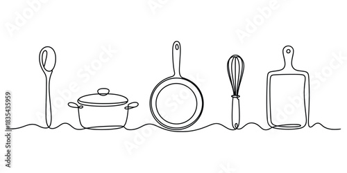 Continuous line drawing of kitchen utensils