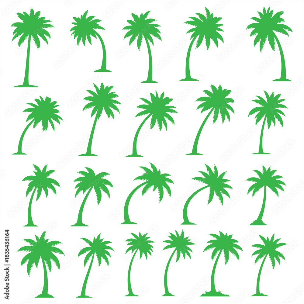 Obraz premium Various green palm tree silhouettes tropical summer icons set.