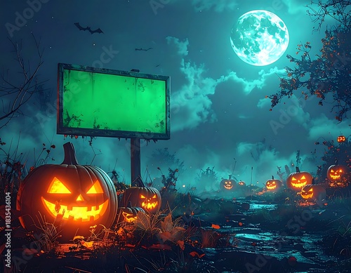 Spooky Halloween Night with Glowing Jack-o'-lanterns and Misty Atmosphere
