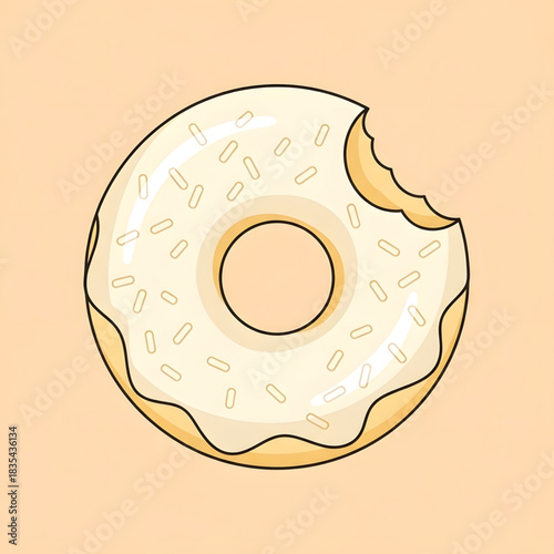 A delightful cartoon illustration of a donut with creamy white frosting and sprinkles, with a single bite taken out, isolated on a soft pastel background