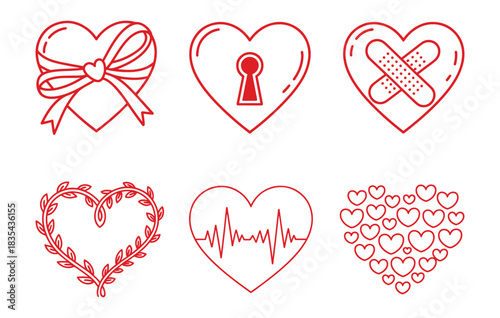 Set of heart icons vector line art illustrations for love romance and healthcare concepts isolated on white background