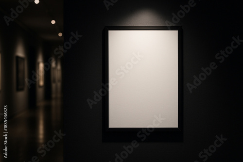 Photorealistic mockup of a blank vertical white poster with a black frame hanging on a dark charcoal wall in an art gallery with a dramatic spotlight.