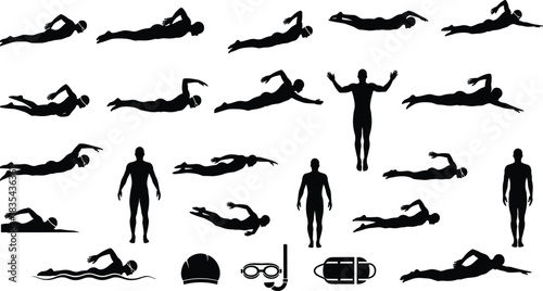 Swimming Black Silhouettes Vector Set of Swimmer Poses, Styles, and Accessories Including Man, Woman, Cap, Goggles, Snorkel, and Rescue Buoy for Water Sports and Activity