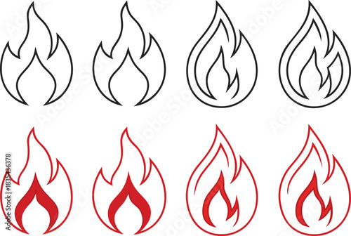 Outline and Filled Fire Flame Icons in Black and Red