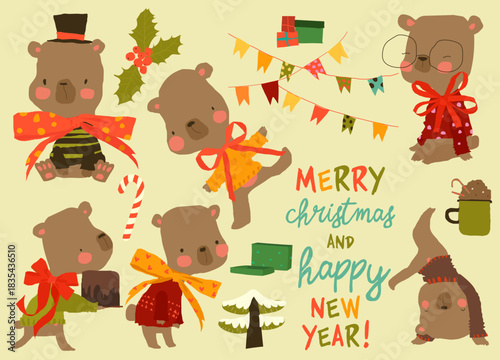 Cute Cartoon Bears with Christmas Elements. Vector Illustration