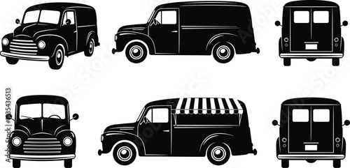 Vintage Black and White Delivery Van, Classic Panel Truck, Retro Transport Vehicle, Front Side Back View Set, Commercial Service Automobile Vector Illustration
