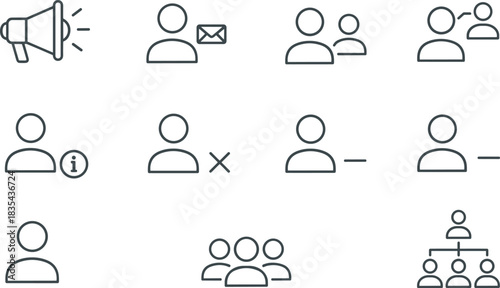 Outline vector icon set for user interface design featuring public announcement, mail contact, adding/removing people, group representation, and organizational hierarchy symbols.