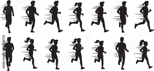 Man and women running marathon race Minimal running athlete vector silhouette icon set showing multiple jogging and sprinting poses boys and girls runner exercise 