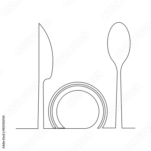 Food Plate with Spoon and Knife One Continuous Line Art Design