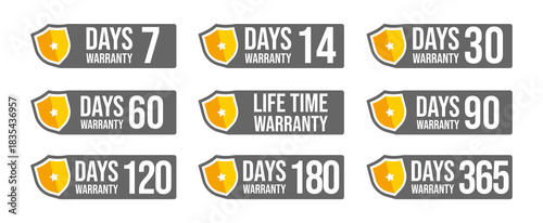 Warranty shield with checklist label icon set. and lifetime warranty, Days 7, 14, 30, 60, 90, 120, 180, 365. Guarantee vector icon.