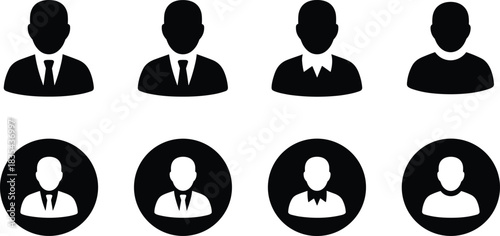 Professional black and white vector icon set featuring business people, corporate staff, and individual user avatars for social media profiles and network identity symbols.