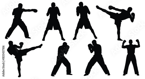 Silhouetted figures demonstrating martial arts poses and movements in a dynamic display of athleticism and skill