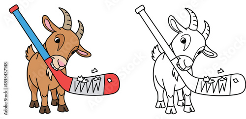 Funny cartoon goat eating a hockey stick vector illustration Cute farm animal chewing sports equipment Coloring book page outline and colorful version isolated on white background