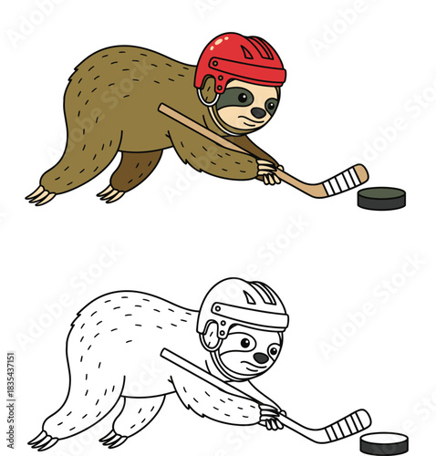 Funny cartoon sloth playing ice hockey vector illustration Cute animal athlete with helmet and stick