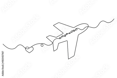 Continuous line drawing of airplane with heart shaped route