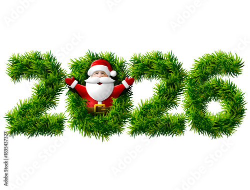 New Year 2026 of christmas tree branches isolated on white. Waist up portrait of Santa Claus with his hands up. Vector image for new years day, christmas, winter holiday, new years eve, silvester, etc