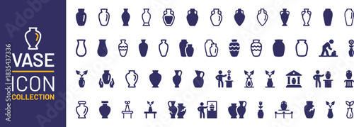 vase, icon, collection, pottery, ceramic, amphora, jar, jug, bottle, plant, flower, display, museum, exhibit, antique, classical, modern, outline, silhouette, graphic, design, vector, illustration, is