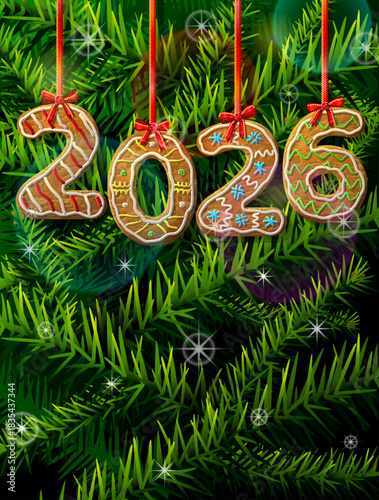 New Year 2026 in shape of gingerbread against pine branches. Year number like cookies on ribbon. Vector illustration for christmas, new years day, confectionery, winter holiday, food, silvester, etc
