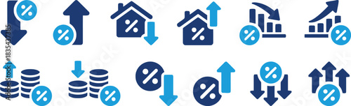 financial, icon, set, percentage, growth, decline, up, arrow, down, house, building, coins, stack, money, chart, graph, bar, increase, decrease, investment, economy, business, finance, banking, loan, 