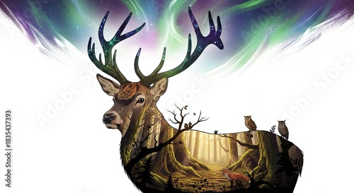 Deer with forest scene inside body and aurora borealis above antlers