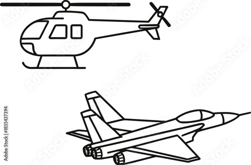 Outline illustration of modern aviation, showcasing a passenger helicopter and a supersonic fighter jet, representing air transport, military power, and travel technology.