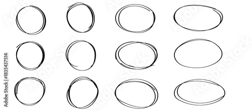 Hand drawn circle line sketch set. 