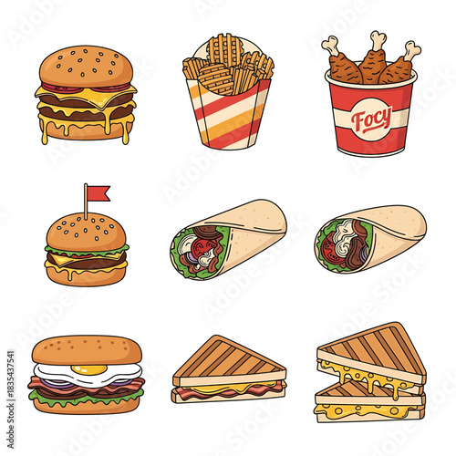 Vector Bundle of Fast Food Wrap, Grilled Sandwich, Burgers, and Crispy Fries with Chicken Bucket

