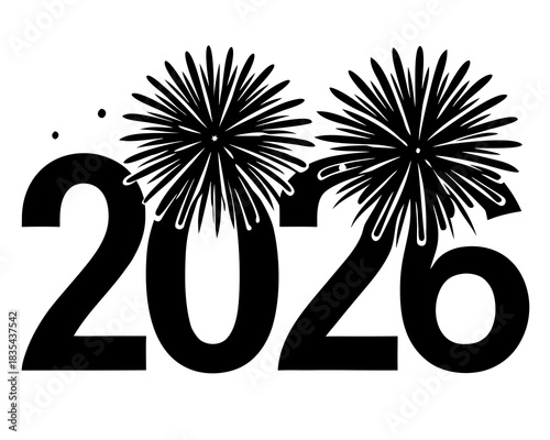 2026 typography with fireworks silhouette vector illustration isolated on white background