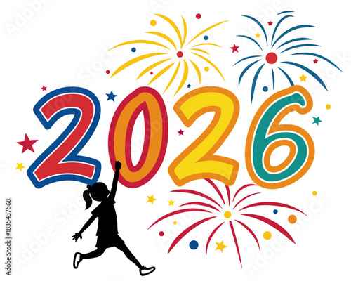 2026 typography with fireworks silhouette vector illustration isolated on white background