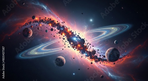 An artistic rendering of a colorful galaxy with planets and asteroid belt