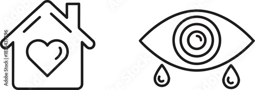 Monochrome illustration symbolizing domestic life and care, featuring a house with a heart icon and a large eye with tears, representing family, safety, and emotional well-being.