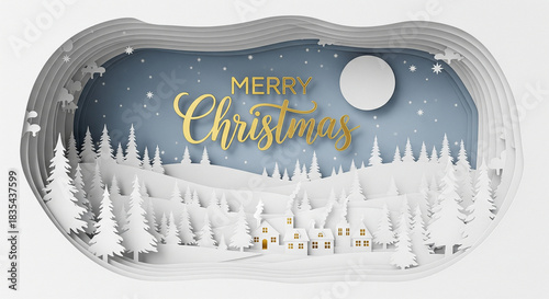 Whimsical paper-cut winter village scene with Merry Christmas greeting under a full moon and starry sky