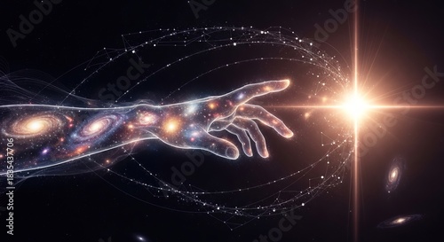 Human hand filled with galaxies reaching towards a bright light source