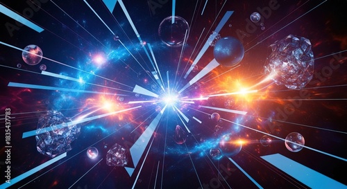 Abstract space scene with glowing light and geometric shapes and planets