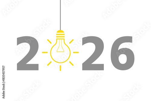 2026 design with hanging outline light bulb on white background
