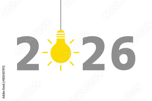 2026 design with hanging solid light bulb on white background