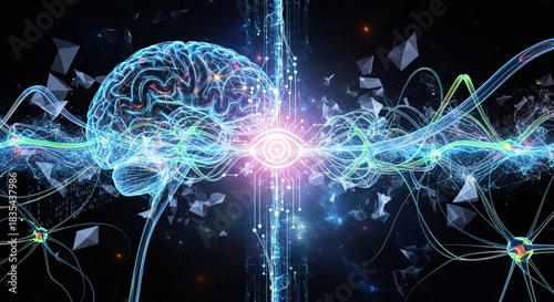 Glowing brain with neural connections converging on a central eye symbol