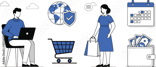 Hybrid shopping experience combining a man pushing a physical cart outdoors with a customer reviewing his digital purchase or online order using a tablet interface.