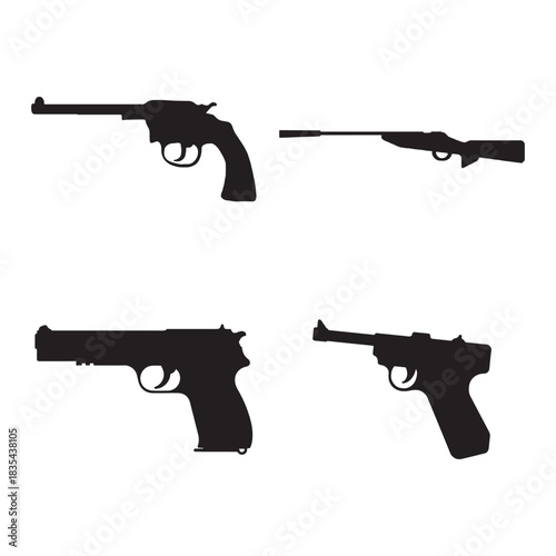 The image displays four silhouettes of firearms against a white background. In the top row, a revolver is on the left, and a rifle is on the right. The bottom row features a semi-automatic pistol 