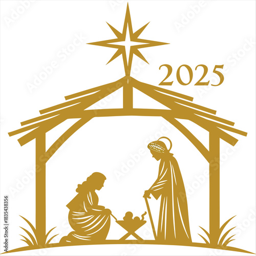 Christmas theme 2025 vector golden christmas nativity scene illustration of mary joseph and baby jesus with star of bethlehem design