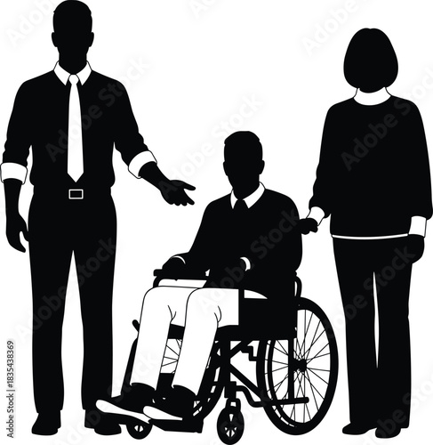 Inclusive support for wheelchair user, accessibility concept, diverse individuals in silhouette, mobility aid illustration, social care representation, unity theme, flat vector