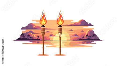 Stunning tropical tiki torches illuminate a vibrant sunset over the ocean and palm tree silhouette