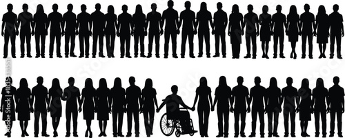 Diverse inclusive group of people standing together, showing unity, equality, accessibility, and representation in society, silhouette illustration, flat vector