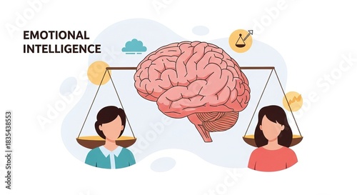 Illustration of emotional intelligence with brain and scales balance