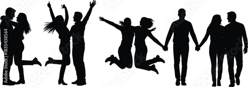 Romantic couple silhouettes, love poses, joyful moments, relationship expressions, affection, happiness, togetherness, bonding, companionship, celebration, flat vector