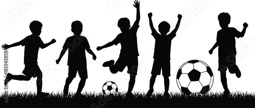 Children playing soccer on grassy field, kicking ball, outdoor fun, teamwork energy, sports activity illustration, youth movement concept, flat vector