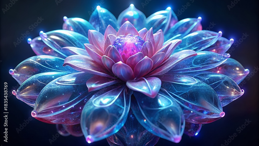 Obraz premium Macro Shot of Translucent Crystal Flower with Neon Glowing Veins, Magic Nature Background, 3D Art 8k landscape wallpaper