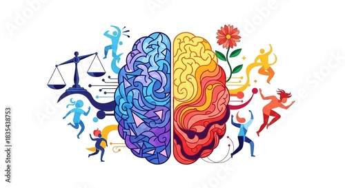 Stylized brain illustration with scales and figures on white background