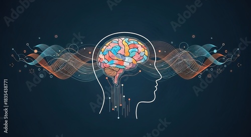 Stylized human head outline with colorful brain and abstract background