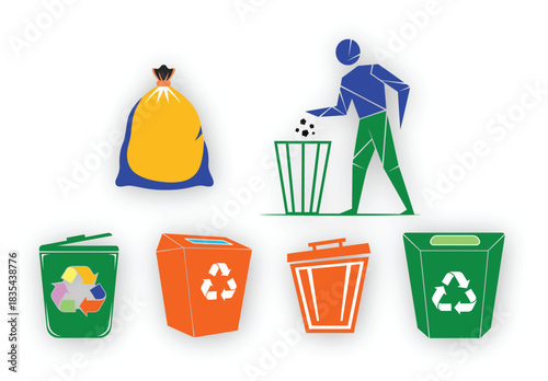 Recycling Bins and Garbage Bag Icon Set for Waste Management